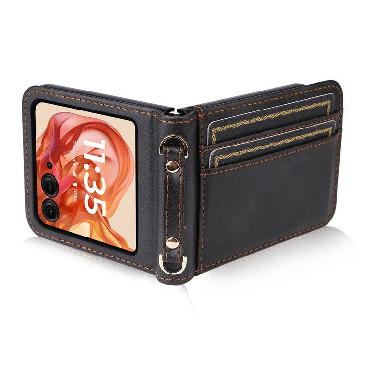 For Motorola Razr 50 5G / Razr 2024 5G Case Card Slots Leather Phone Cover with Lanyard - Black