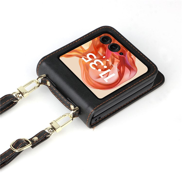 For Motorola Razr 50 5G / Razr 2024 5G Case Card Slots Leather Phone Cover with Lanyard - Black