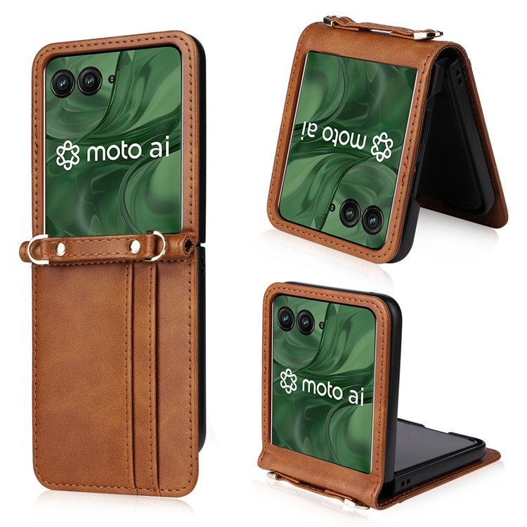 For Motorola Razr 50 Ultra 5G / Razr+ 2024 5G Case Card Slots Leather Phone Cover with Lanyard - Brown