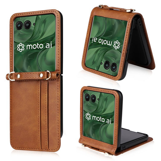 For Motorola Razr 50 Ultra 5G / Razr+ 2024 5G Case Card Slots Leather Phone Cover with Lanyard - Brown