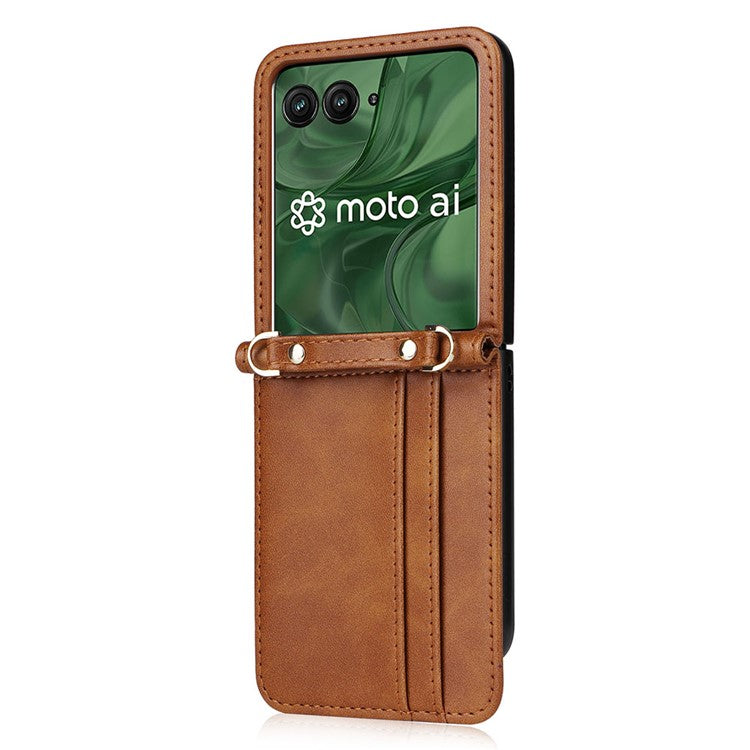 For Motorola Razr 50 Ultra 5G / Razr+ 2024 5G Case Card Slots Leather Phone Cover with Lanyard - Brown
