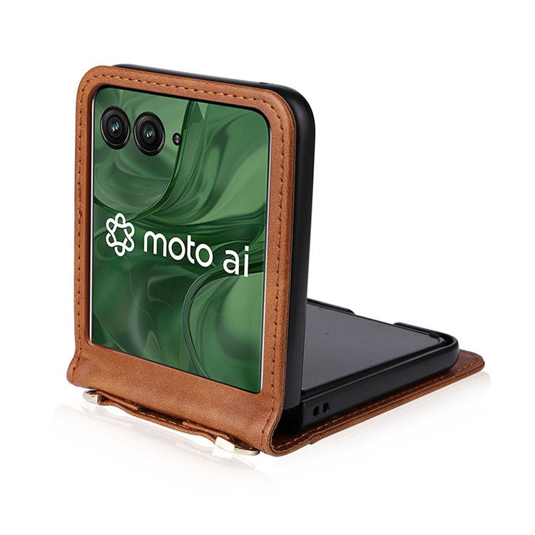 For Motorola Razr 50 Ultra 5G / Razr+ 2024 5G Case Card Slots Leather Phone Cover with Lanyard - Brown