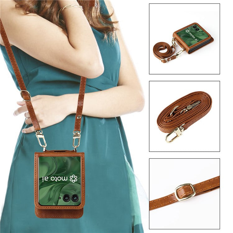 For Motorola Razr 50 Ultra 5G / Razr+ 2024 5G Case Card Slots Leather Phone Cover with Lanyard - Brown