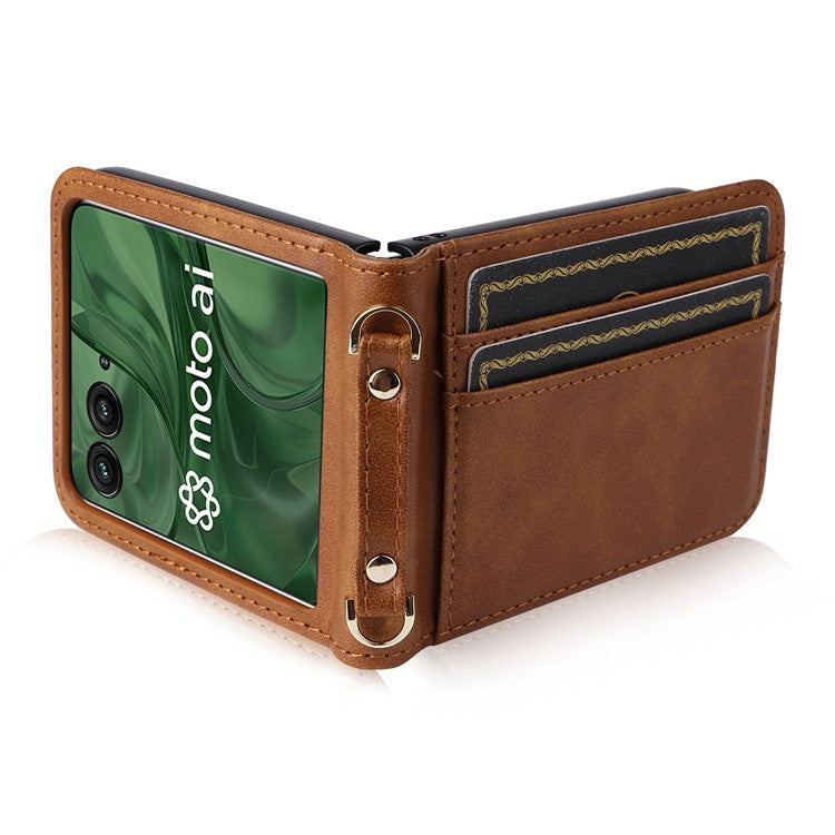 For Motorola Razr 50 Ultra 5G / Razr+ 2024 5G Case Card Slots Leather Phone Cover with Lanyard - Brown