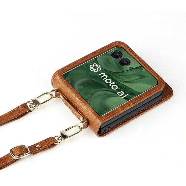 For Motorola Razr 50 Ultra 5G / Razr+ 2024 5G Case Card Slots Leather Phone Cover with Lanyard - Brown