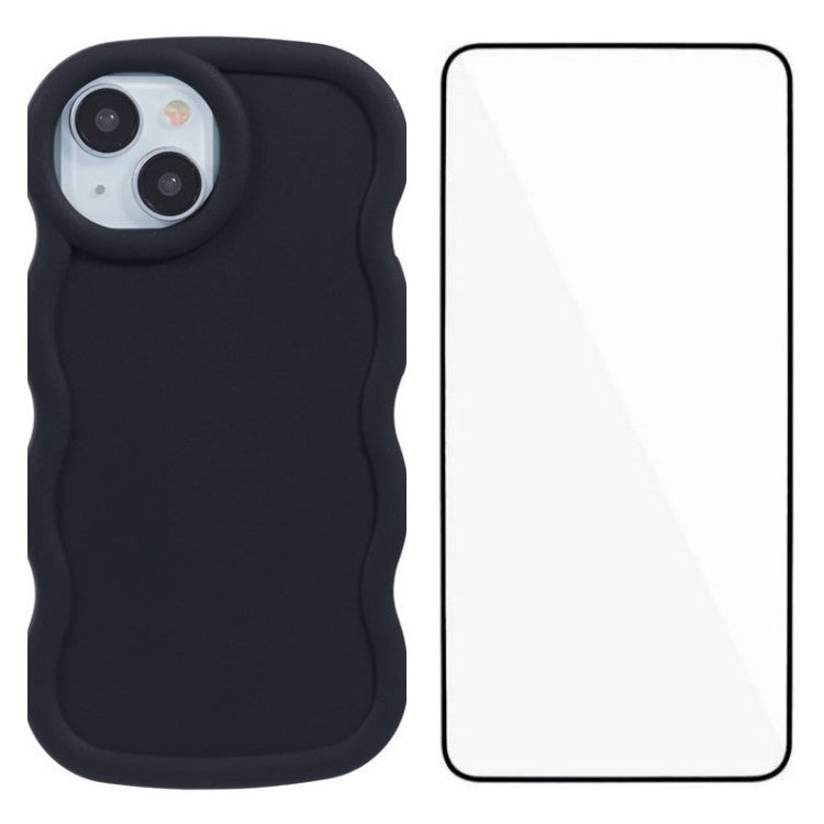 WANLONFENG XL Series for iPhone 14 Case Wave Edge TPU Cover with Tempered Glass Film - Black