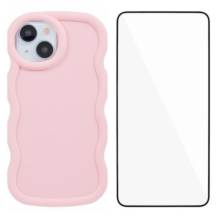WANLONFENG XL Series for iPhone 14 Case Wave Edge TPU Cover with Tempered Glass Film - Pink