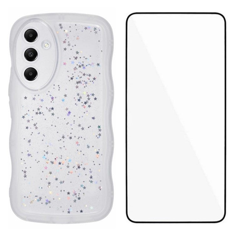 WANLONFENG JWT Series for Samsung Galaxy A15 4G  /  5G TPU Case Epoxy Phone Cover Wavy Edge with Tempered Glass - Transparent White