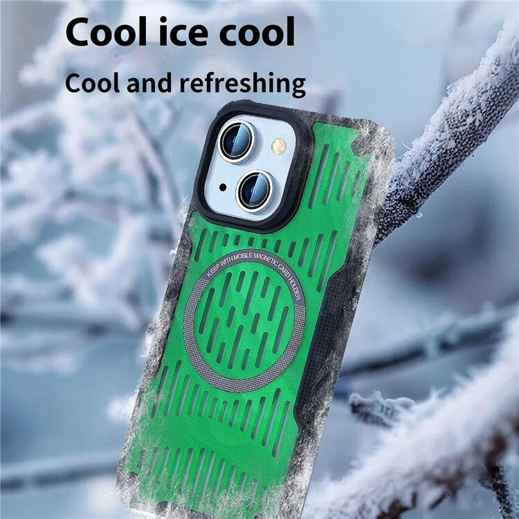 For iPhone 14 Case Heat Dissipation Hollow Magnetic Anti-Drop TPU+PC Phone Cover Compatible with Magsafe - Green