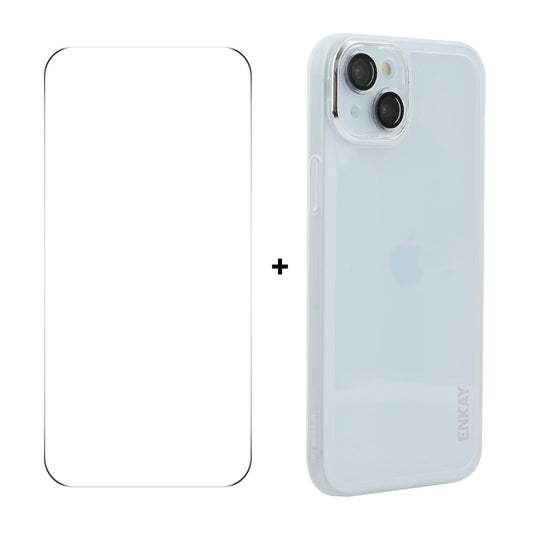 For iPhone 14 Plus ENKAY HAT PRINCE Case Matte TPU Phone Cover with Lens Film + 9H Glass Protector - White