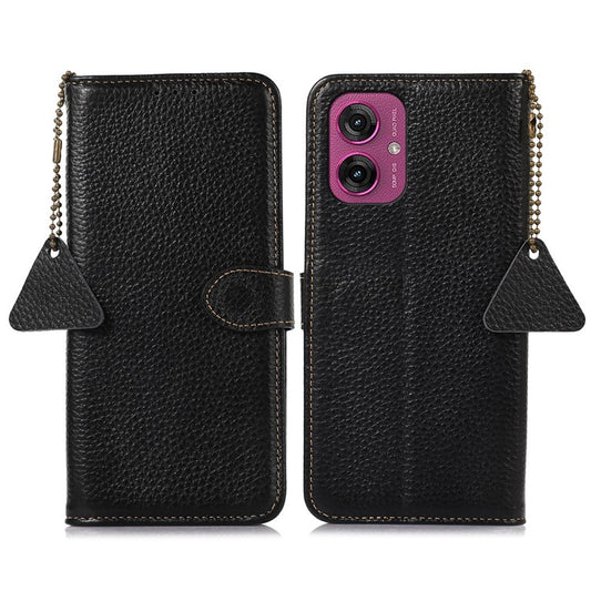 For Motorola Moto G55 5G Case RFID Blocking Litchi Texture Genuine Cow Leather Phone Cover - Black