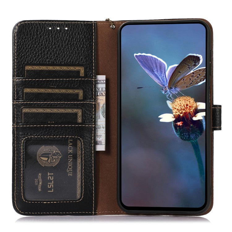 For Motorola Moto G55 5G Case RFID Blocking Litchi Texture Genuine Cow Leather Phone Cover - Black