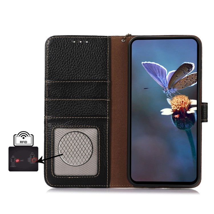 For Motorola Moto G55 5G Case RFID Blocking Litchi Texture Genuine Cow Leather Phone Cover - Black