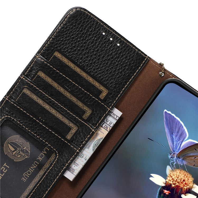 For Motorola Moto G55 5G Case RFID Blocking Litchi Texture Genuine Cow Leather Phone Cover - Black