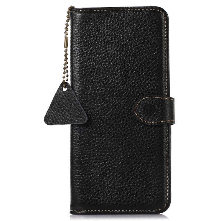 For Motorola Moto G55 5G Case RFID Blocking Litchi Texture Genuine Cow Leather Phone Cover - Black