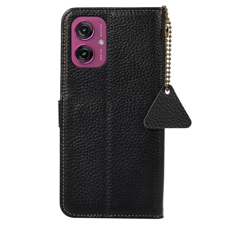For Motorola Moto G55 5G Case RFID Blocking Litchi Texture Genuine Cow Leather Phone Cover - Black