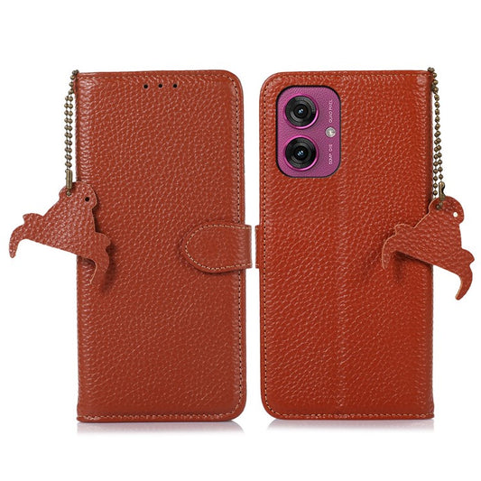 For Motorola Moto G55 5G Case RFID Blocking Litchi Texture Genuine Cow Leather Phone Cover - Brown