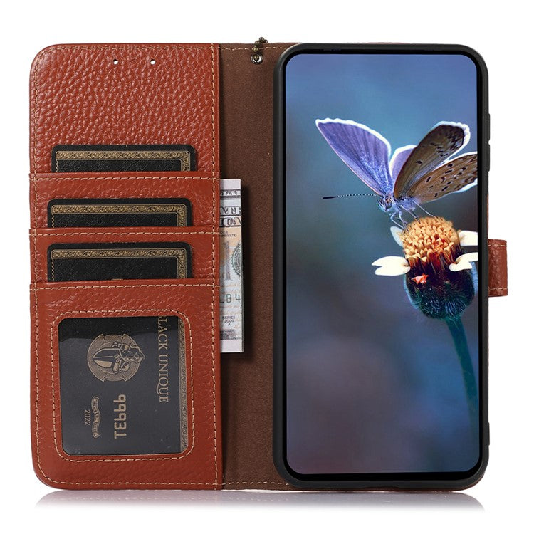 For Motorola Moto G55 5G Case RFID Blocking Litchi Texture Genuine Cow Leather Phone Cover - Brown