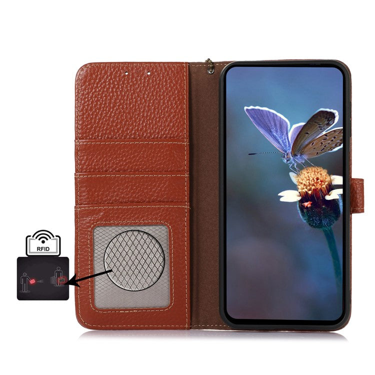 For Motorola Moto G55 5G Case RFID Blocking Litchi Texture Genuine Cow Leather Phone Cover - Brown