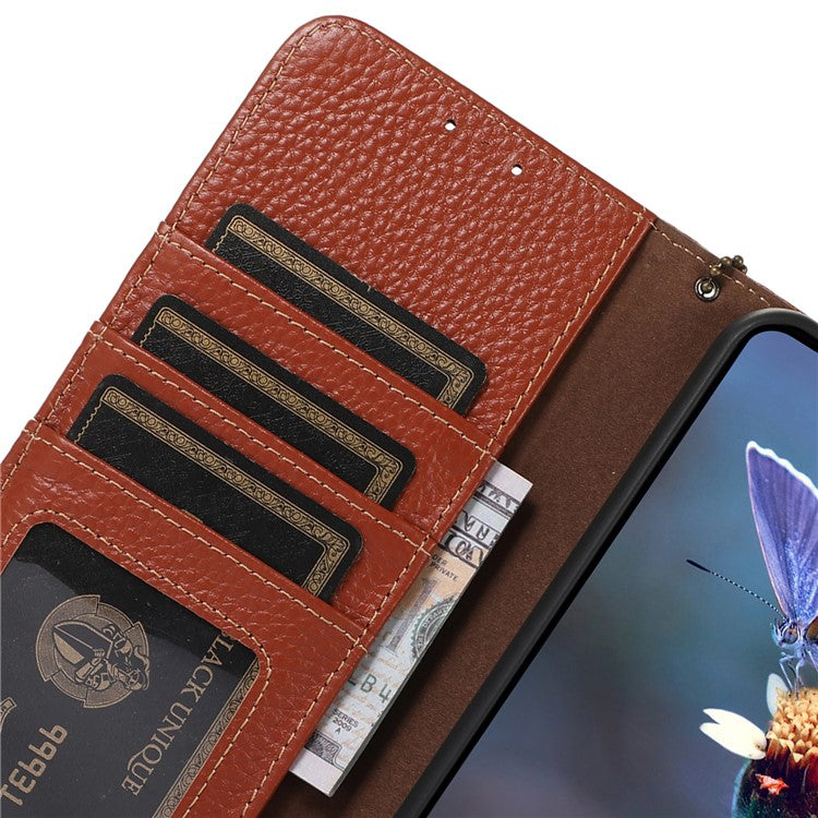 For Motorola Moto G55 5G Case RFID Blocking Litchi Texture Genuine Cow Leather Phone Cover - Brown