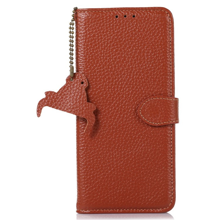 For Motorola Moto G55 5G Case RFID Blocking Litchi Texture Genuine Cow Leather Phone Cover - Brown