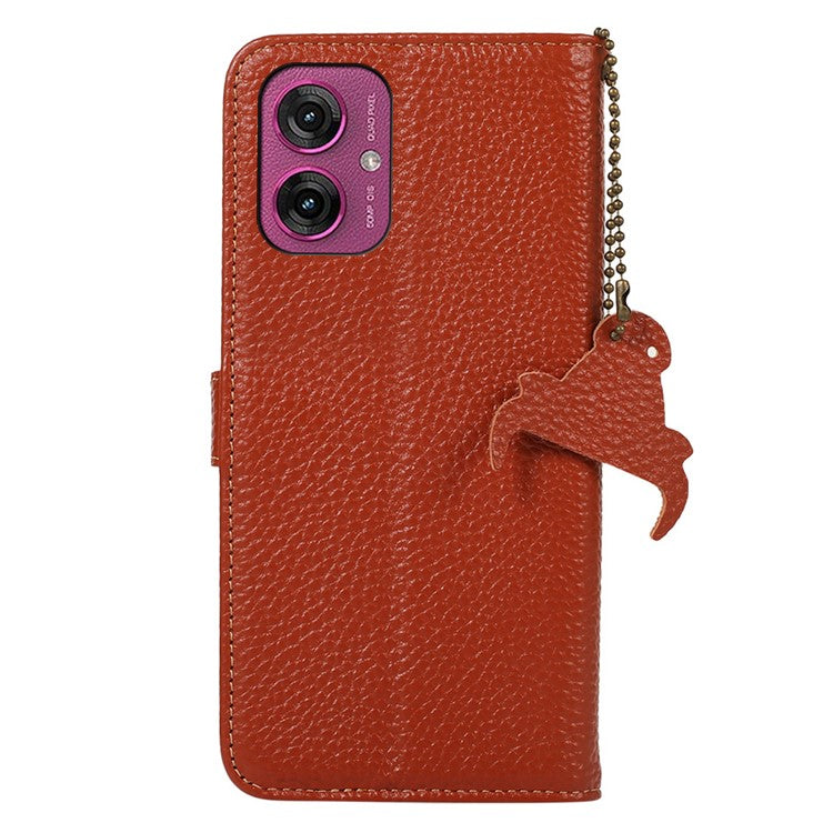 For Motorola Moto G55 5G Case RFID Blocking Litchi Texture Genuine Cow Leather Phone Cover - Brown