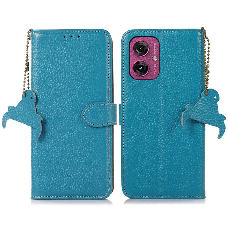 For Motorola Moto G55 5G Case RFID Blocking Litchi Texture Genuine Cow Leather Phone Cover - Blue