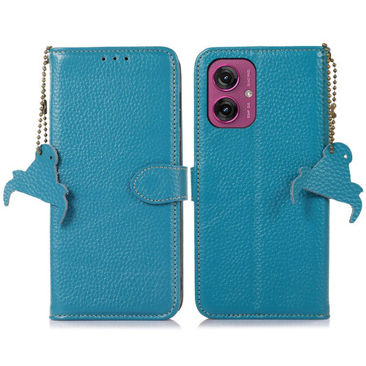 For Motorola Moto G55 5G Case RFID Blocking Litchi Texture Genuine Cow Leather Phone Cover - Blue