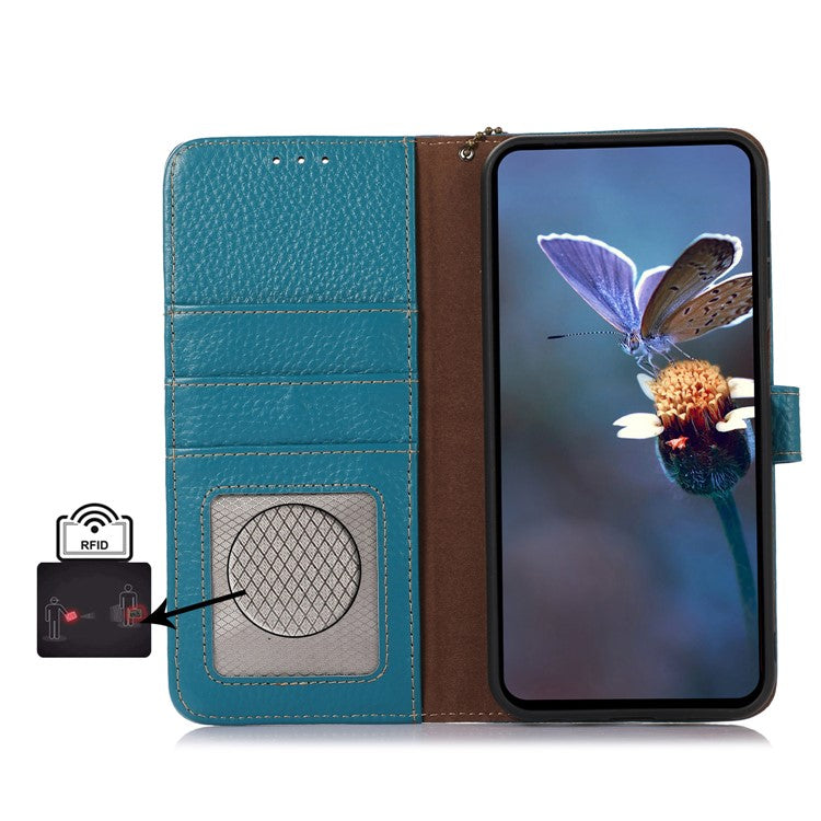 For Motorola Moto G55 5G Case RFID Blocking Litchi Texture Genuine Cow Leather Phone Cover - Blue