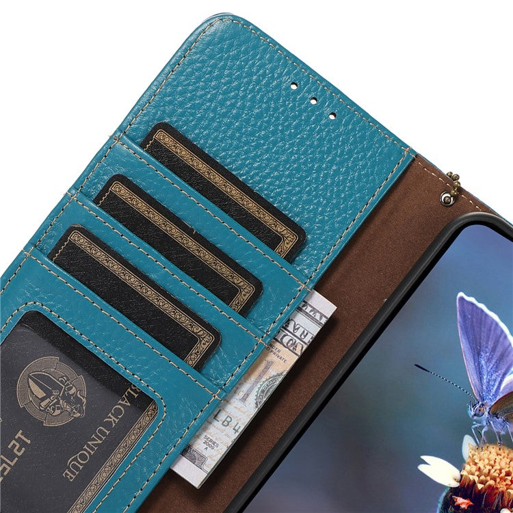 For Motorola Moto G55 5G Case RFID Blocking Litchi Texture Genuine Cow Leather Phone Cover - Blue