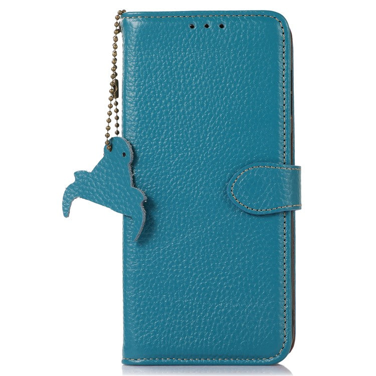 For Motorola Moto G55 5G Case RFID Blocking Litchi Texture Genuine Cow Leather Phone Cover - Blue