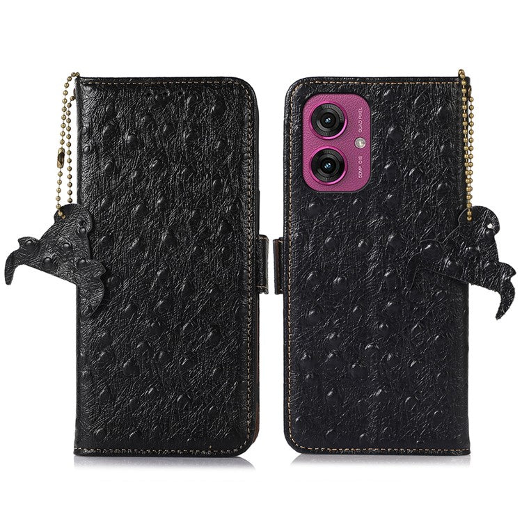 For Motorola Moto G55 5G Case RFID Blocking Genuine Cow Leather Phone Case Ostrich Texture - Black