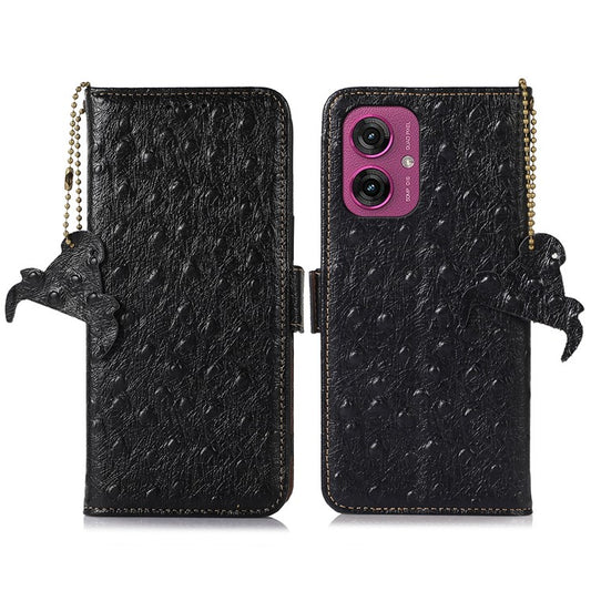 For Motorola Moto G55 5G Case RFID Blocking Genuine Cow Leather Phone Case Ostrich Texture - Black