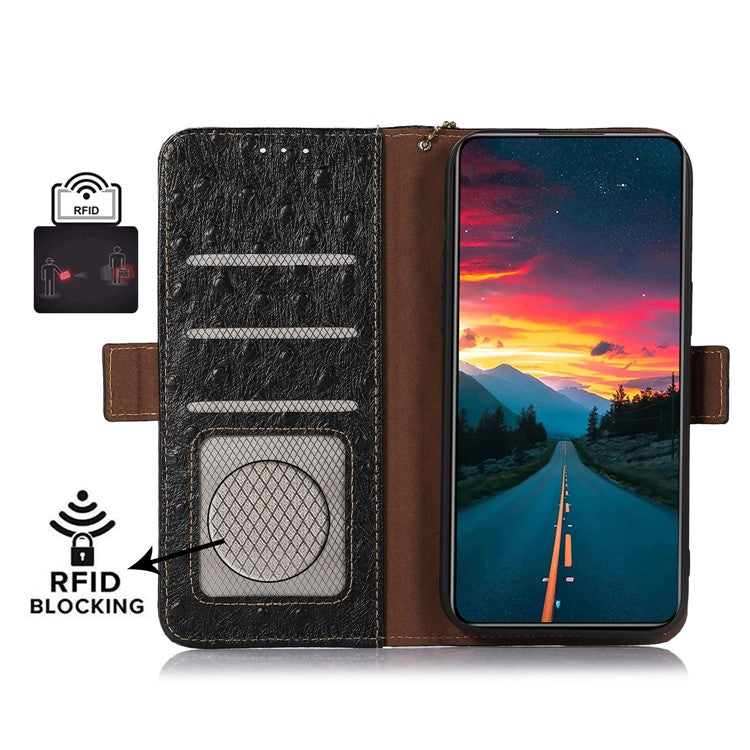 For Motorola Moto G55 5G Case RFID Blocking Genuine Cow Leather Phone Case Ostrich Texture - Black