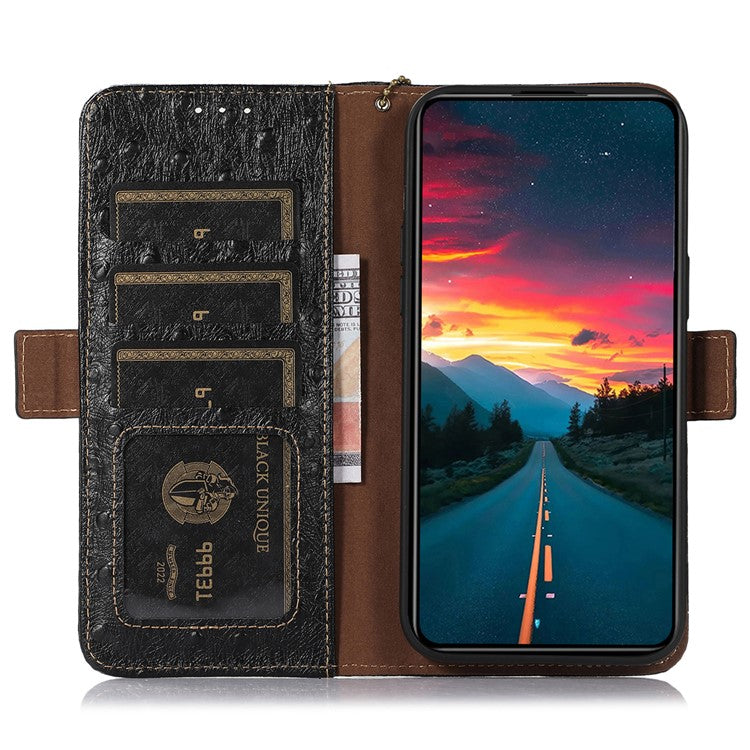 For Motorola Moto G55 5G Case RFID Blocking Genuine Cow Leather Phone Case Ostrich Texture - Black