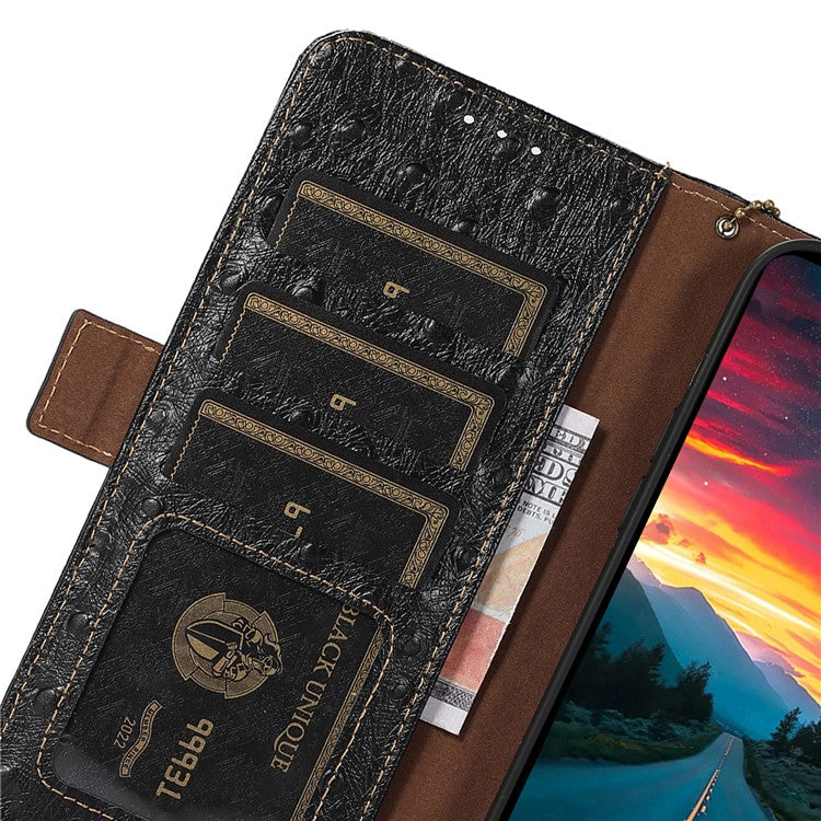 For Motorola Moto G55 5G Case RFID Blocking Genuine Cow Leather Phone Case Ostrich Texture - Black