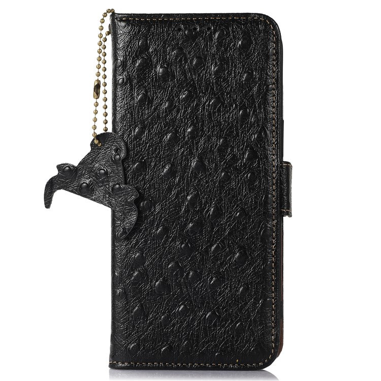 For Motorola Moto G55 5G Case RFID Blocking Genuine Cow Leather Phone Case Ostrich Texture - Black