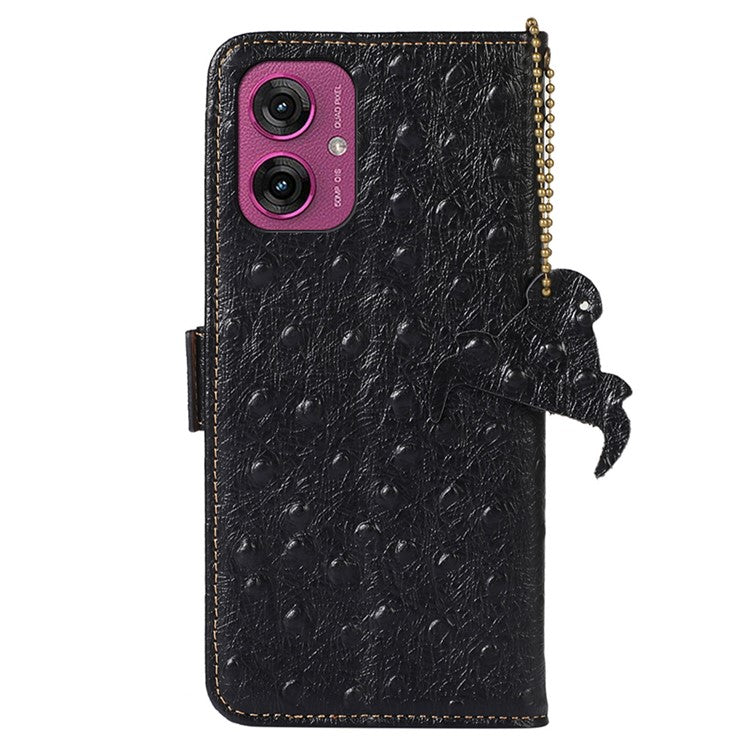 For Motorola Moto G55 5G Case RFID Blocking Genuine Cow Leather Phone Case Ostrich Texture - Black