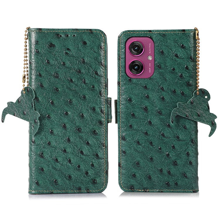 For Motorola Moto G55 5G Case RFID Blocking Genuine Cow Leather Phone Case Ostrich Texture - Green