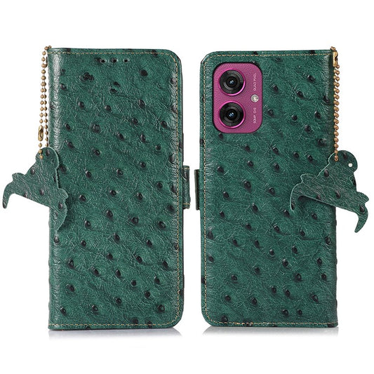 For Motorola Moto G55 5G Case RFID Blocking Genuine Cow Leather Phone Case Ostrich Texture - Green