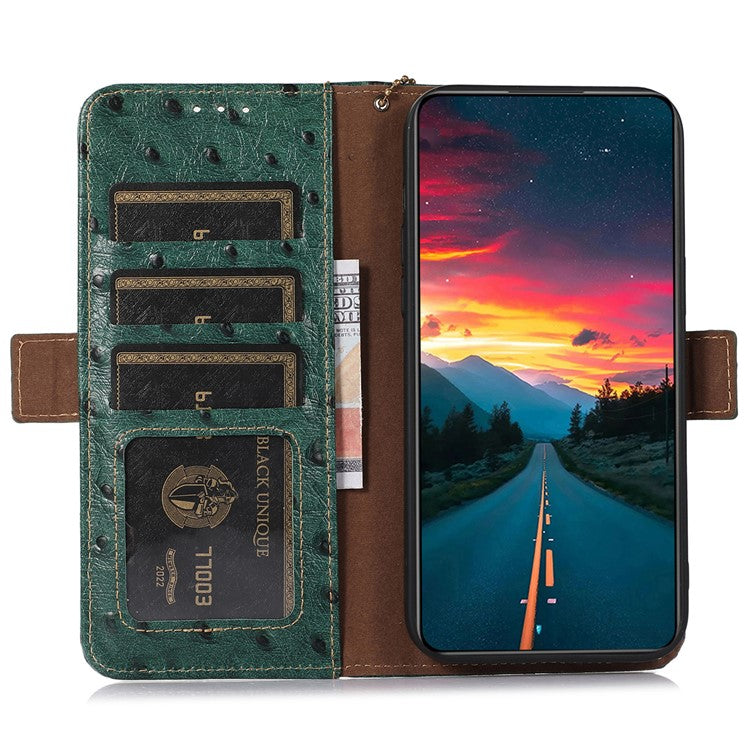 For Motorola Moto G55 5G Case RFID Blocking Genuine Cow Leather Phone Case Ostrich Texture - Green