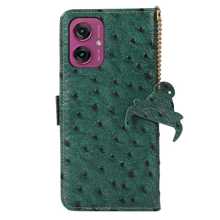 For Motorola Moto G55 5G Case RFID Blocking Genuine Cow Leather Phone Case Ostrich Texture - Green
