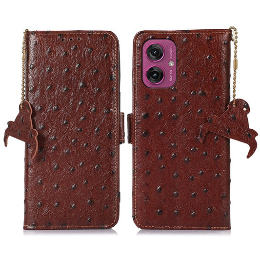 For Motorola Moto G55 5G Case RFID Blocking Genuine Cow Leather Phone Case Ostrich Texture - Coffee