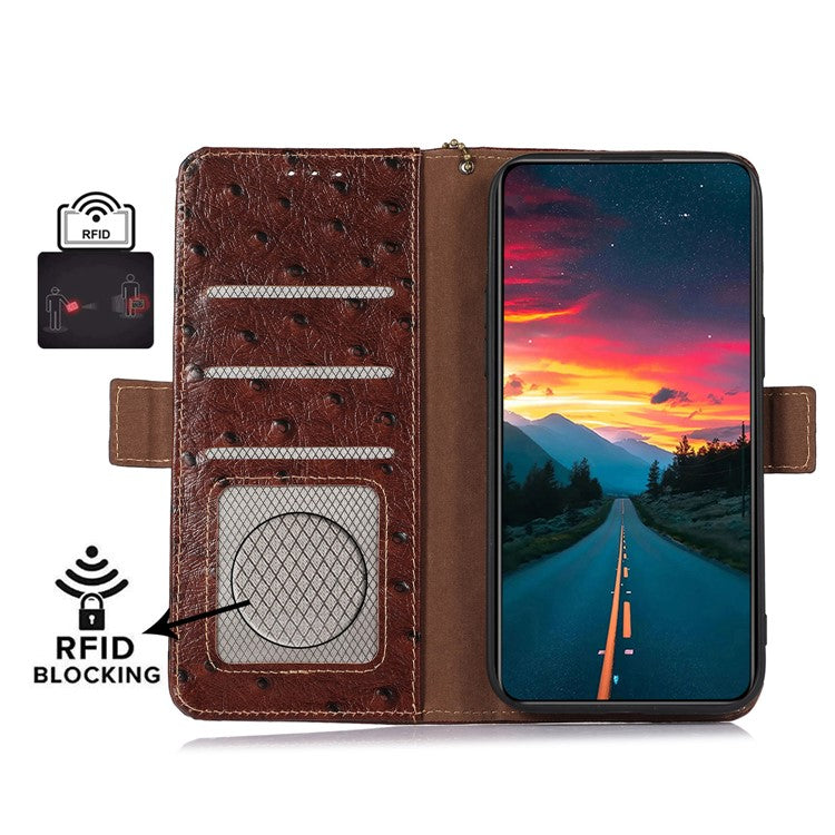 For Motorola Moto G55 5G Case RFID Blocking Genuine Cow Leather Phone Case Ostrich Texture - Coffee