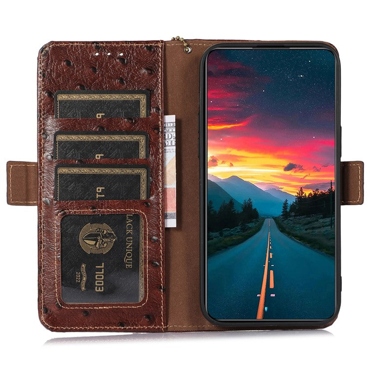 For Motorola Moto G55 5G Case RFID Blocking Genuine Cow Leather Phone Case Ostrich Texture - Coffee
