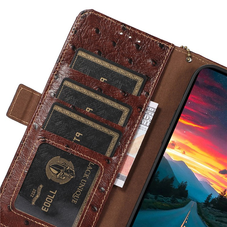For Motorola Moto G55 5G Case RFID Blocking Genuine Cow Leather Phone Case Ostrich Texture - Coffee