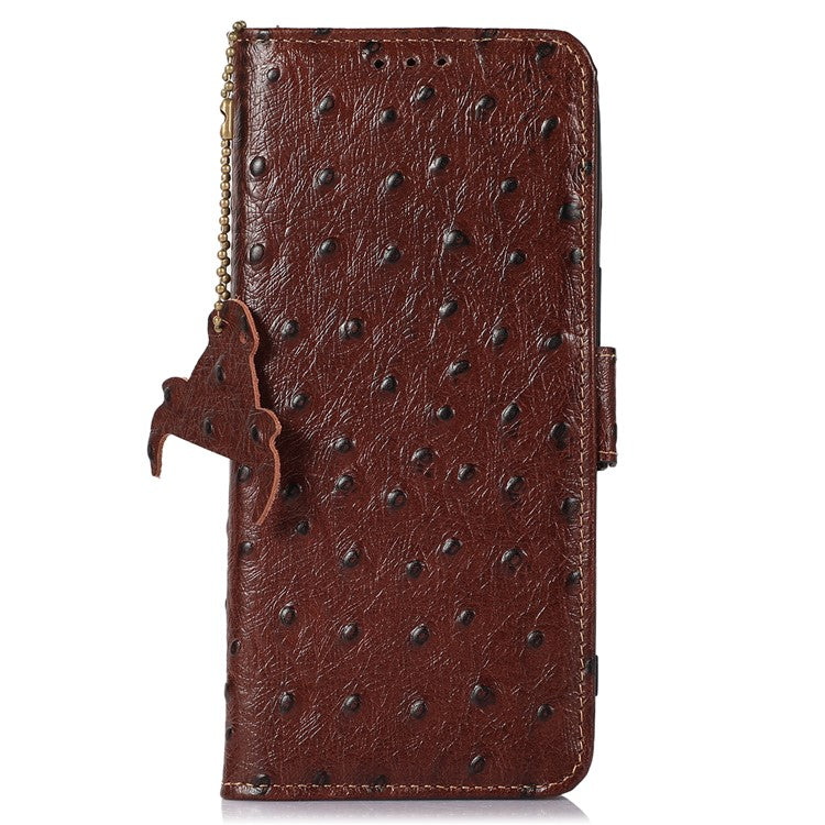 For Motorola Moto G55 5G Case RFID Blocking Genuine Cow Leather Phone Case Ostrich Texture - Coffee