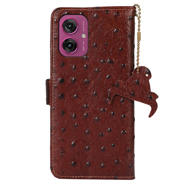 For Motorola Moto G55 5G Case RFID Blocking Genuine Cow Leather Phone Case Ostrich Texture - Coffee