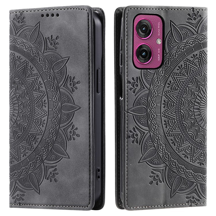 Style 010 For Motorola Moto G55 5G Case Mandala Pattern Magnetic Closing Leather Phone Cover - Grey