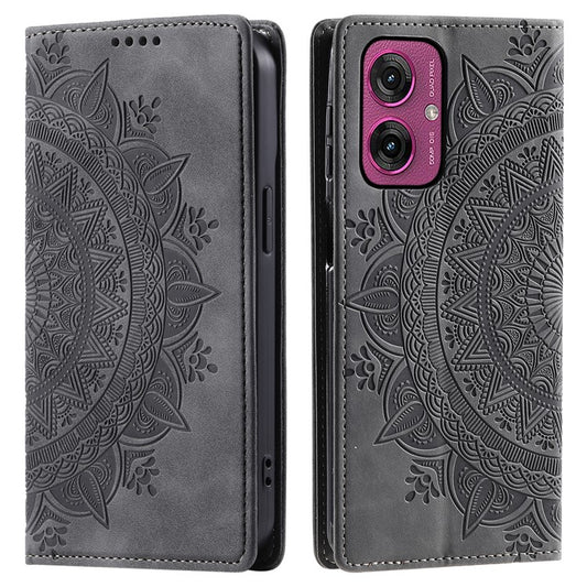 Style 010 For Motorola Moto G55 5G Case Mandala Pattern Magnetic Closing Leather Phone Cover - Grey